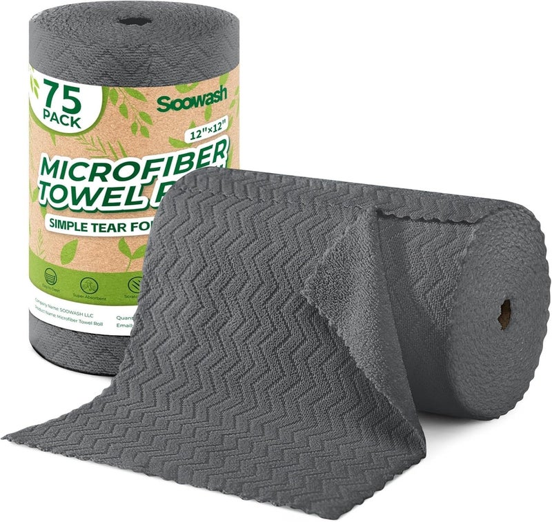 SOOWASH Microfiber Cleaning Cloths Roll, 75 Pack Tear Away Microfiber Towels Roll, 12" x 12" Lint Free Rags, Reusable Cleaning Cloths,Washable,Scratch Free,Ultra Absorbent Dish Rags(Dark Grey Ripple) - Image 1